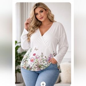 Misslook White Floral Trim V-Neck Blouse 2XL Butterfly Detail Long Sleeve